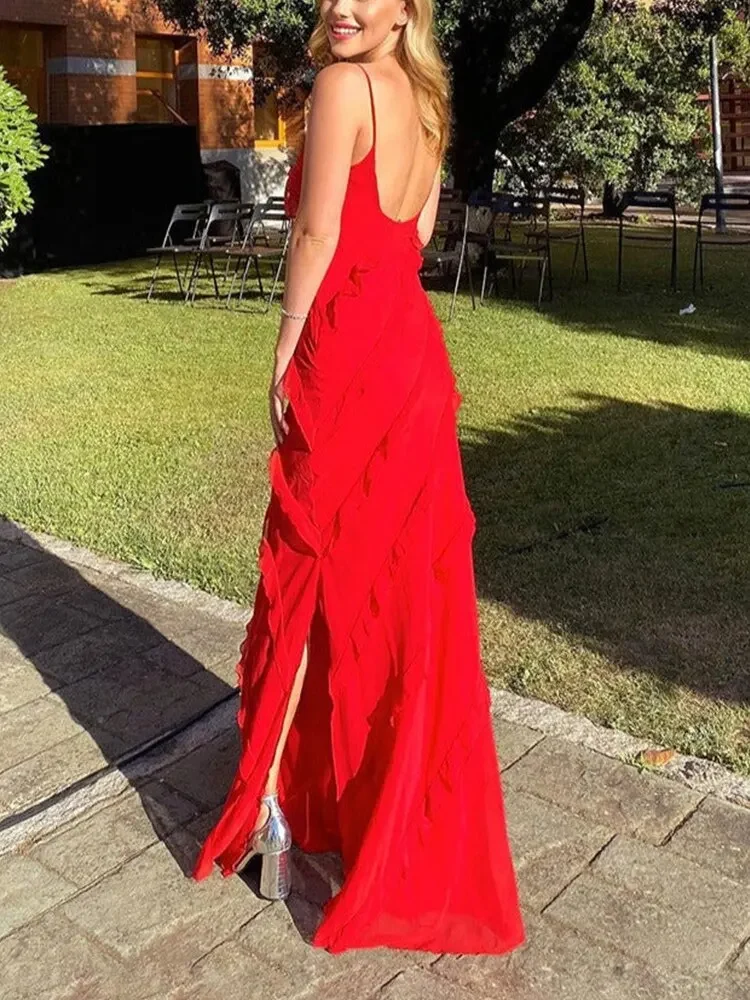 Robe de soirée longue élégante à volants rouges