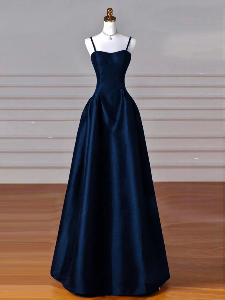 Robe de bal longue en satin bleu foncé coupe trapèze