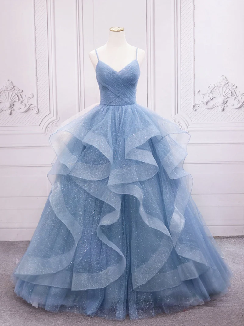 Robe de bal longue en tulle bleu, magnifique robe longue pour les 16 ans