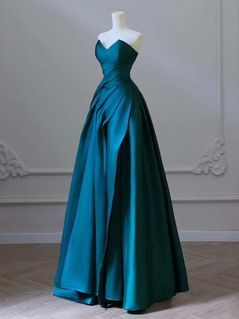 Robe de bal longue trapèze en satin bleu paon, élégante robe de soirée