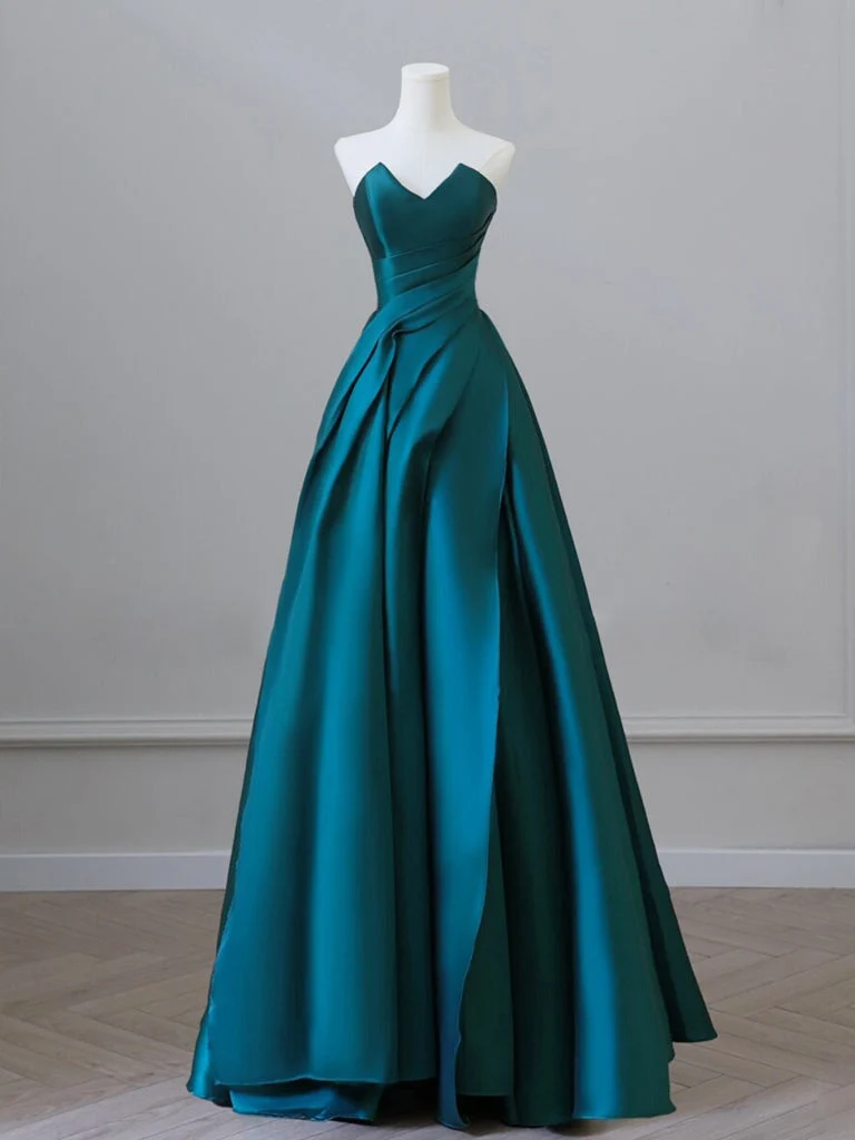 Robe de bal longue trapèze en satin bleu paon, élégante robe de soirée
