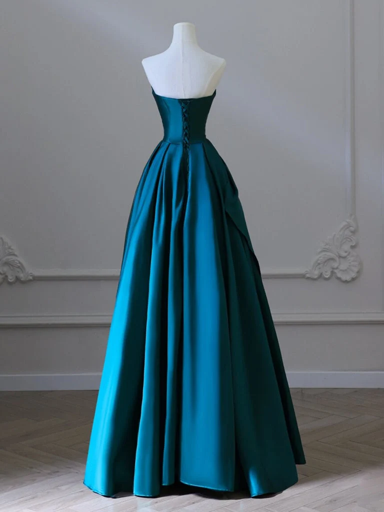 Robe de bal longue trapèze en satin bleu paon, élégante robe de soirée