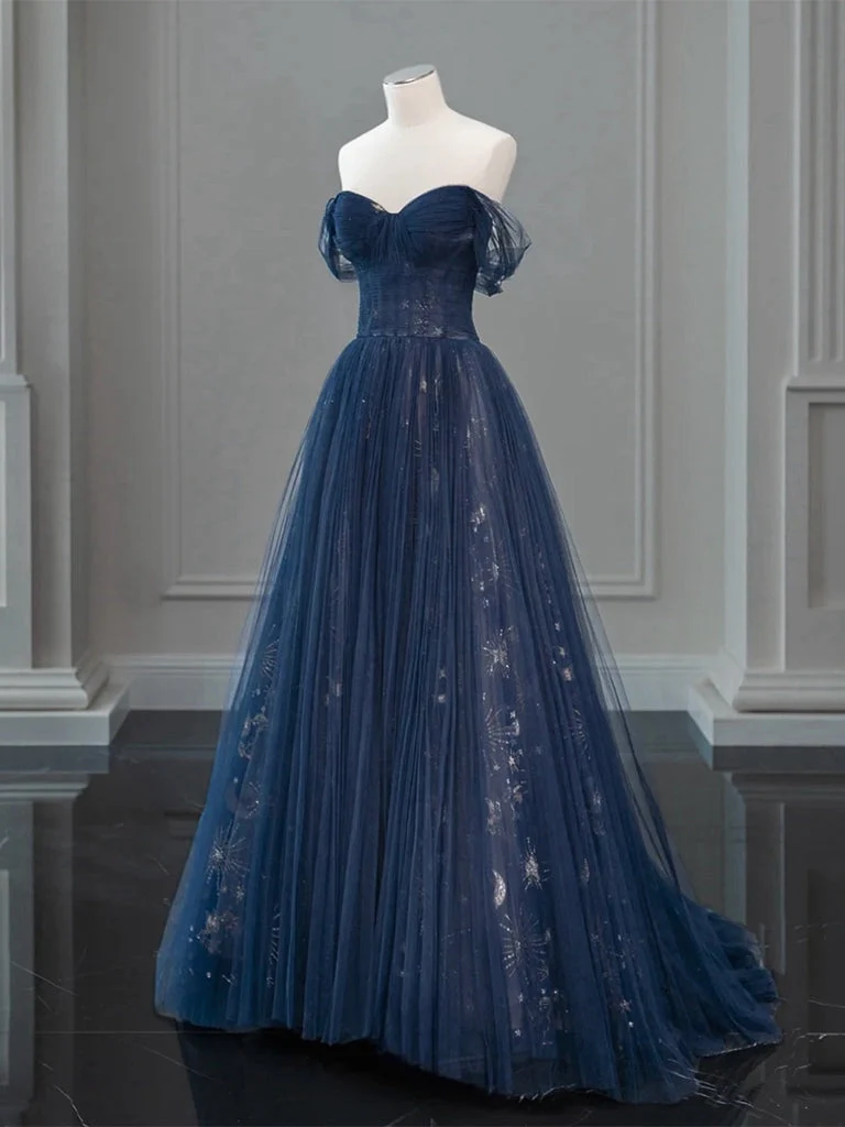 Robe de bal longue bleu foncé en tulle et dentelle, épaules dénudées, coupe trapèze