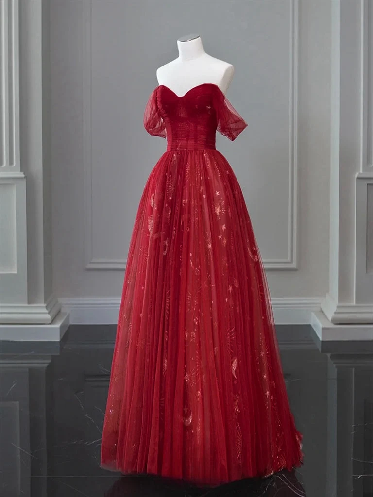 Robe de bal longue bleu foncé en tulle et dentelle, épaules dénudées, coupe trapèze
