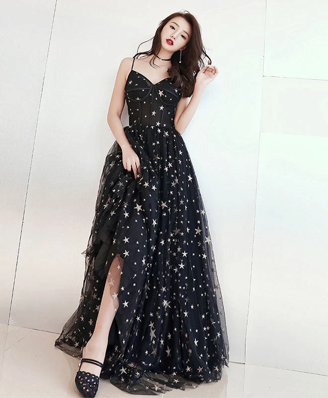 Robe de soirée longue noire en tulle à col en V