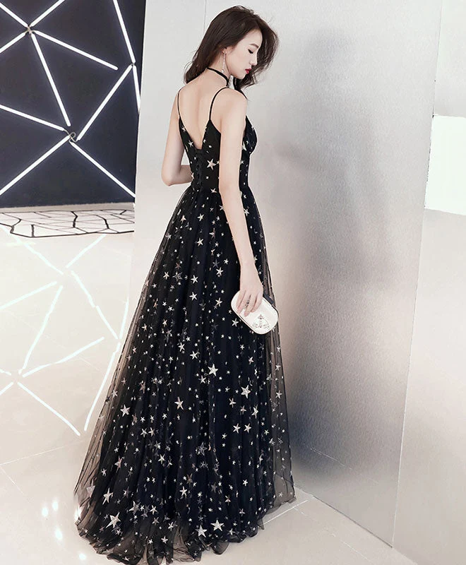 Robe de soirée longue noire en tulle à col en V