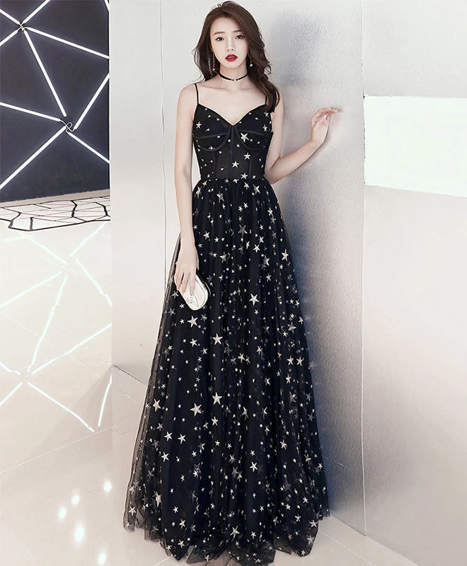 Robe de soirée longue noire en tulle à col en V