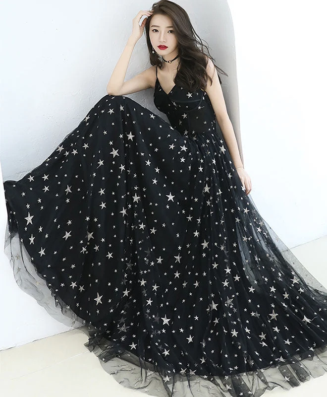 Robe de soirée longue noire en tulle à col en V