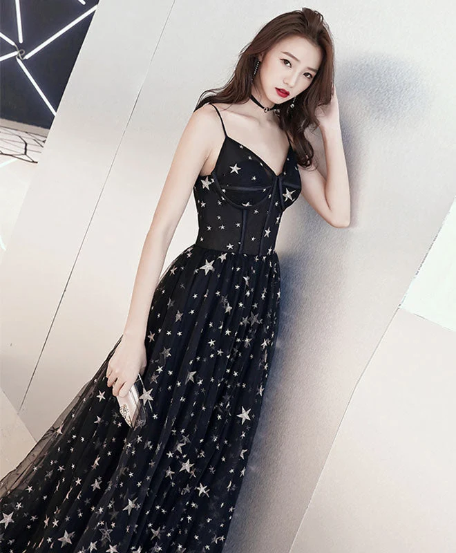 Robe de soirée longue noire en tulle à col en V