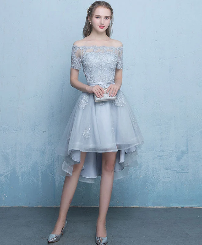 Robe de soirée courte bleu foncé en tulle et dentelle
