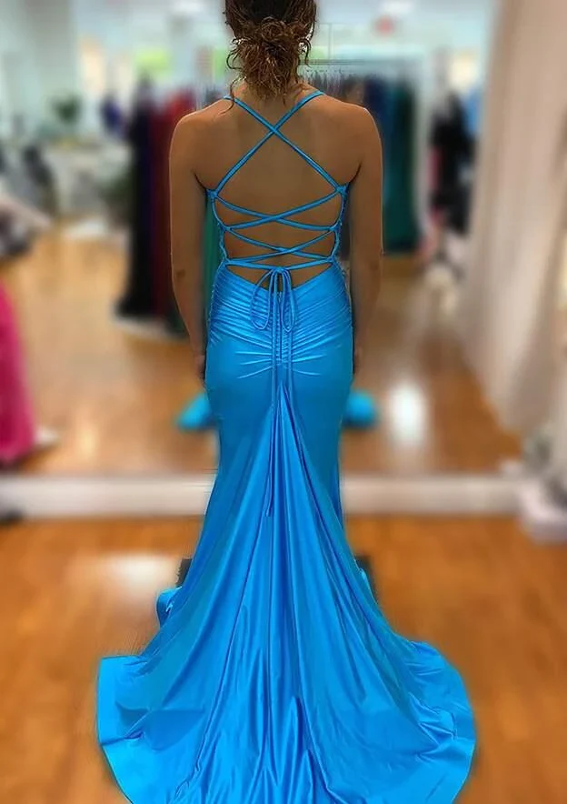 Robe de soirée élégante bleue à col en V et fente