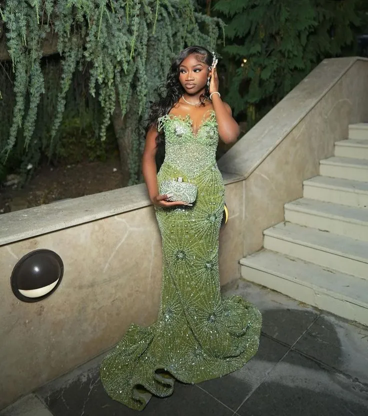 Robe de soirée longue sirène verte, robe de bal brillante