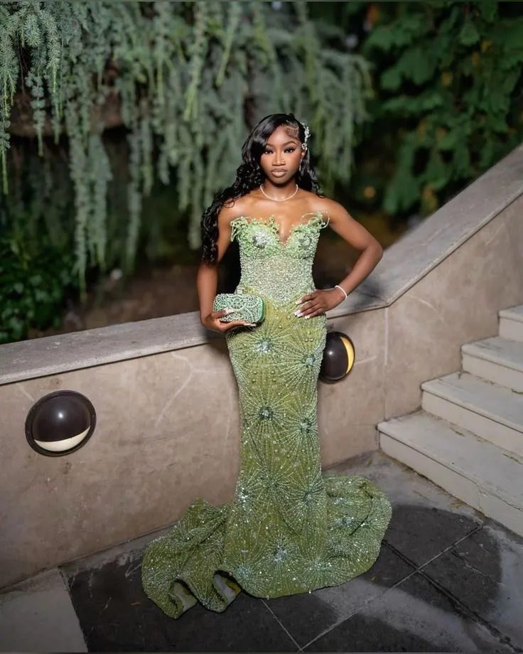 Robe de soirée longue sirène verte, robe de bal brillante