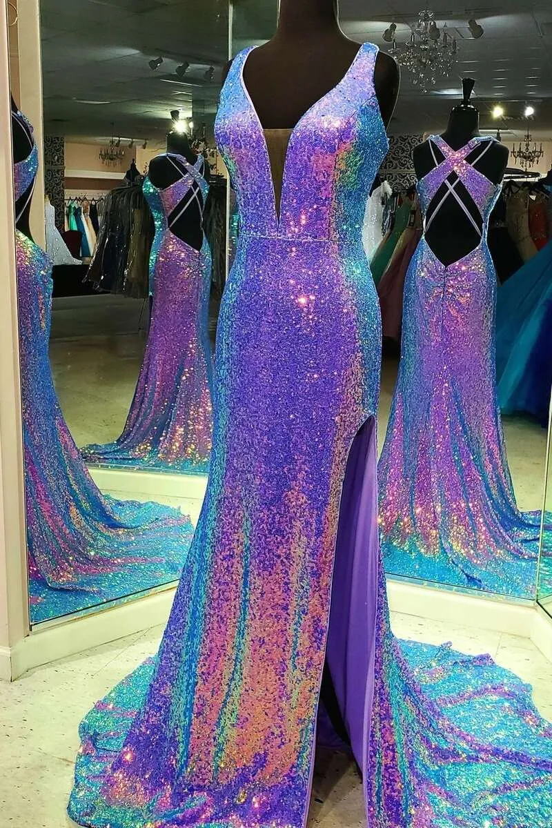 Robe de soirée violette à paillettes multiples, col en V, dos croisé