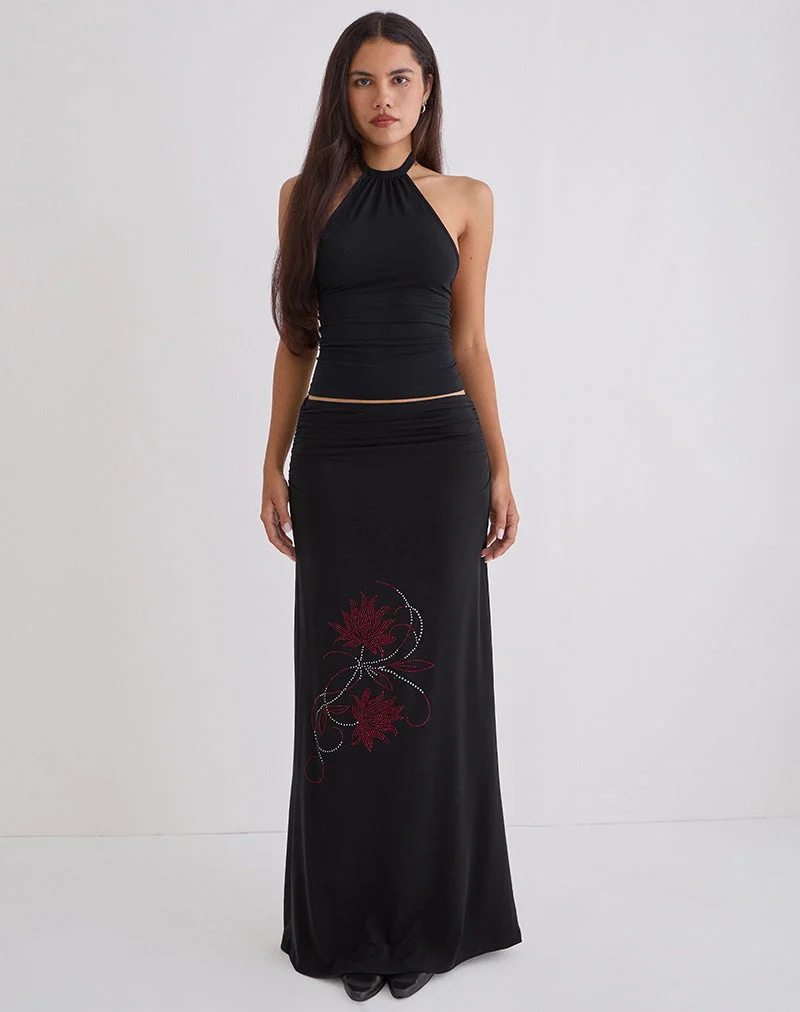 Jupe longue Naisra en cupro, fleur Diamante, noir
