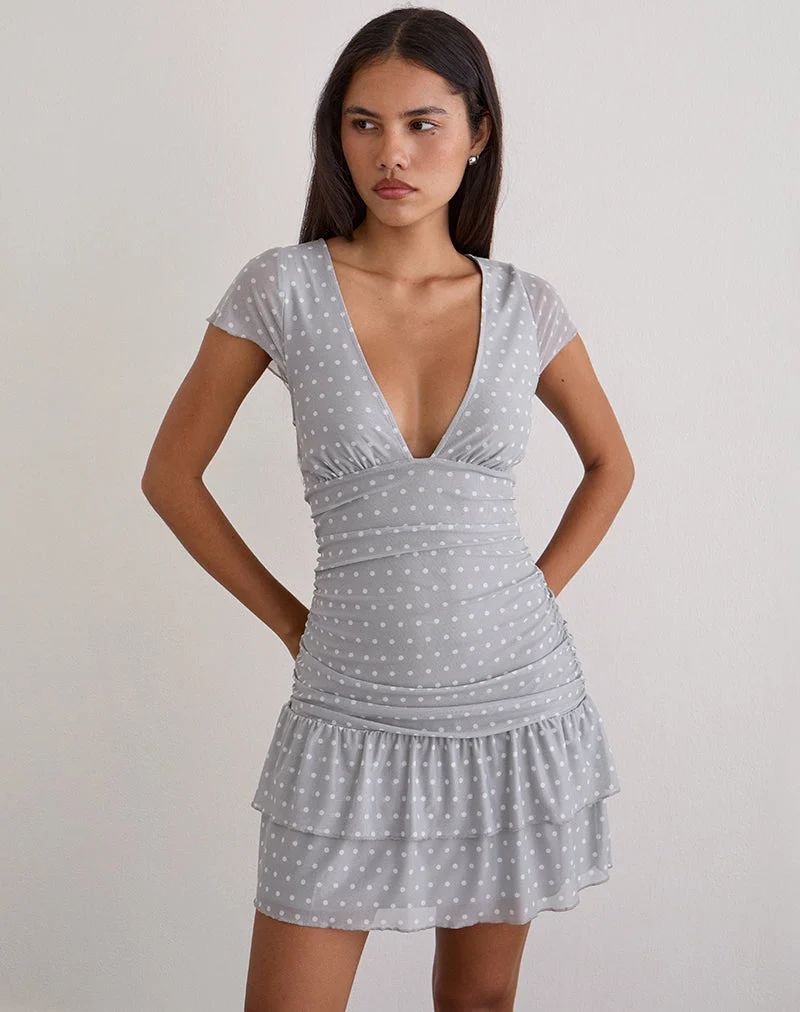 Mini-robe à manches courtes Mowgli, gris à pois blancs micro