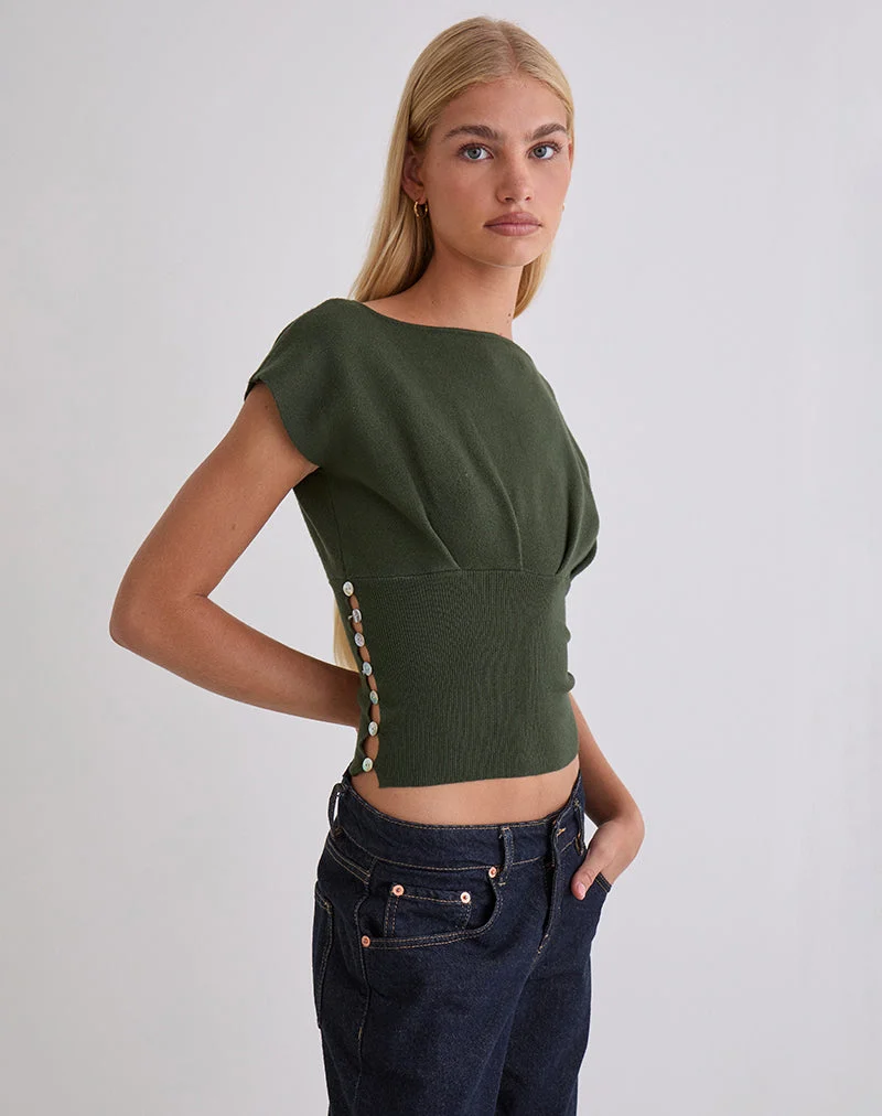 Haut Elin en tricot kaki avec boutons en perle
