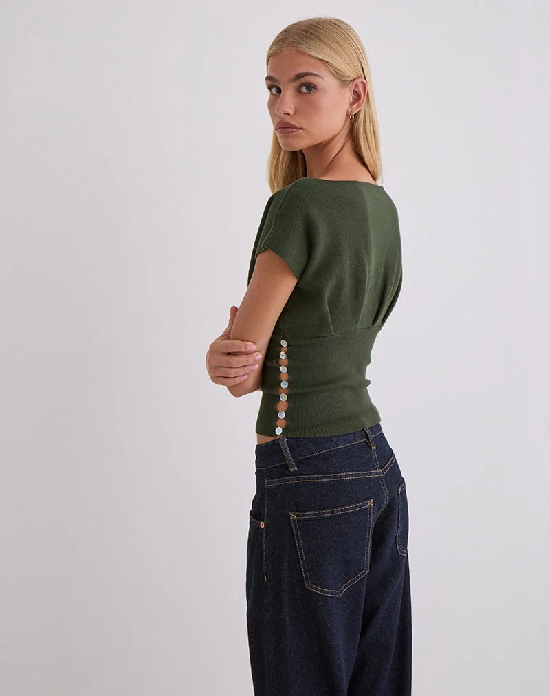 Haut Elin en tricot kaki avec boutons en perle