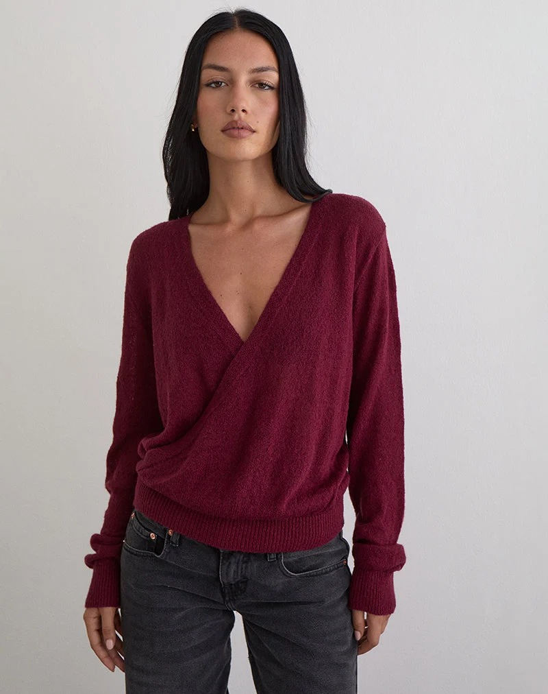 Haut cache-cœur plongeant Saroya en tricot couleur vin