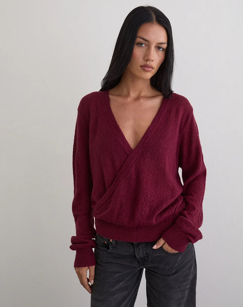 Haut cache-cœur plongeant Saroya en tricot couleur vin
