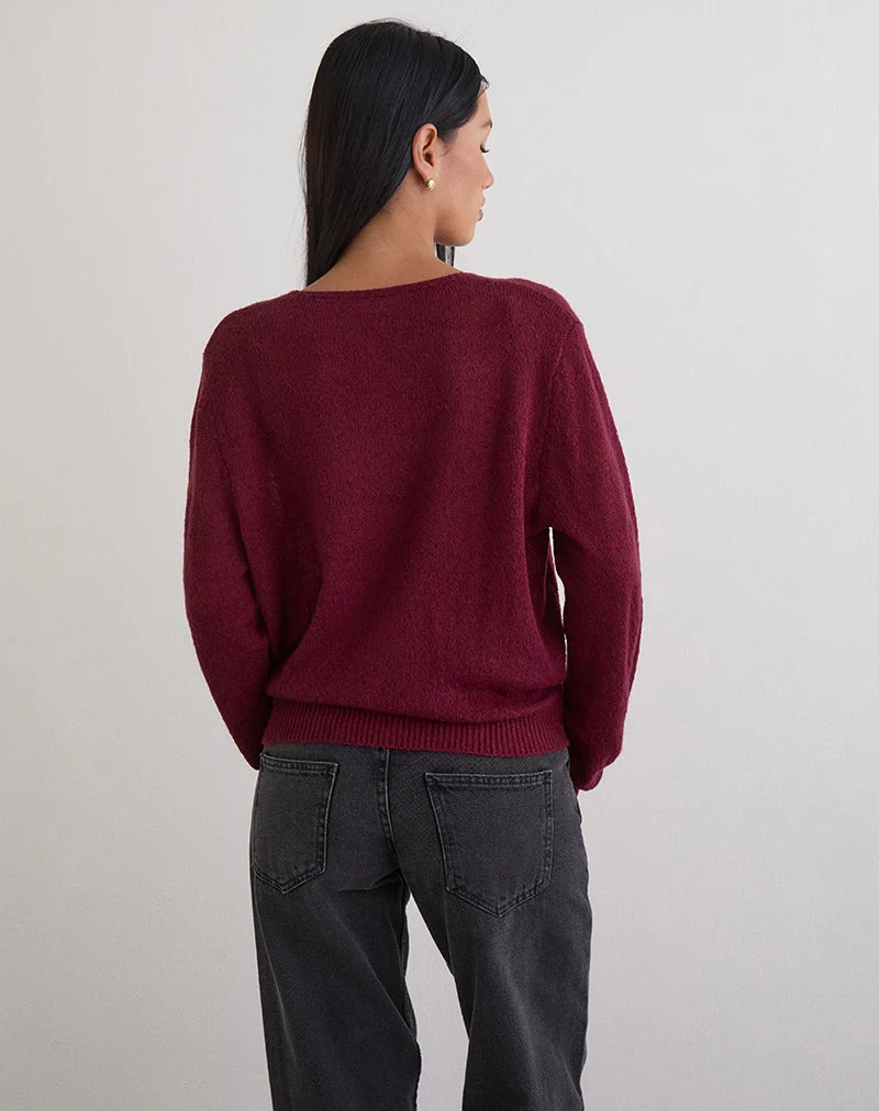 Haut cache-cœur plongeant Saroya en tricot couleur vin