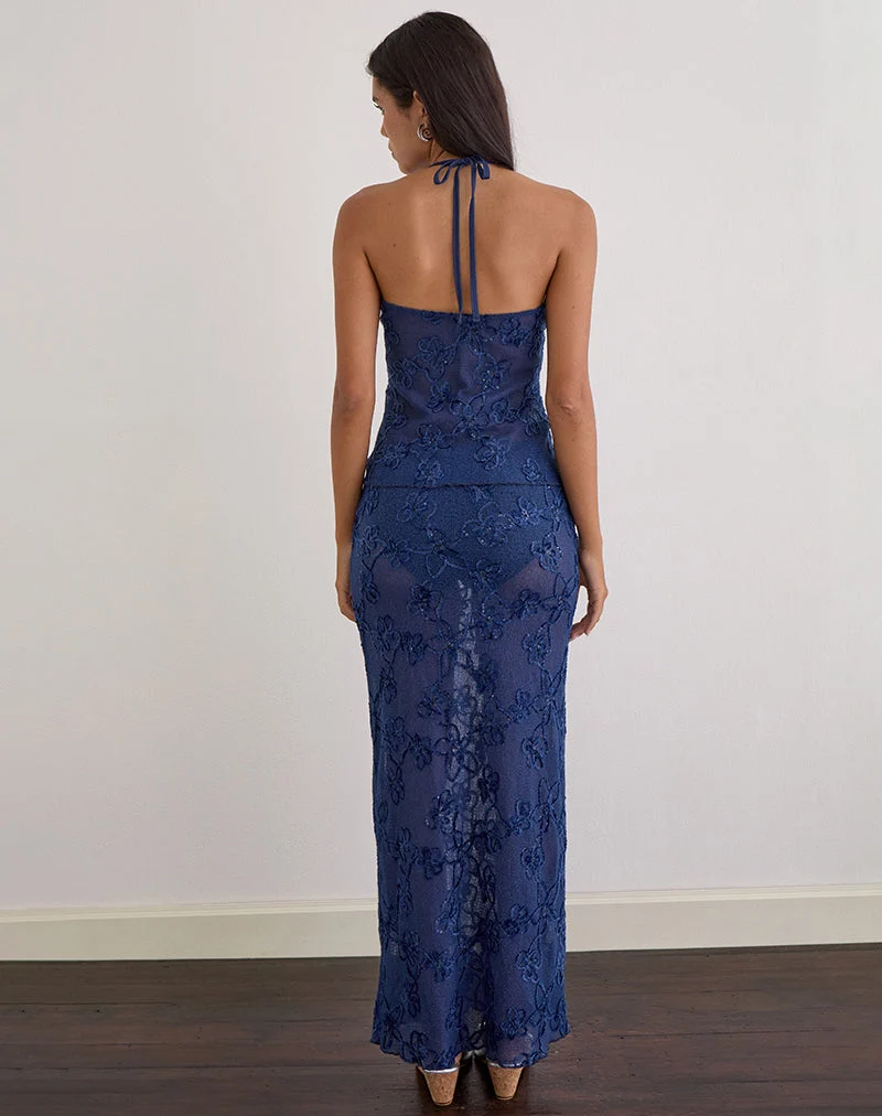 Haut dos nu Ruwi en maille à paillettes bleu marine