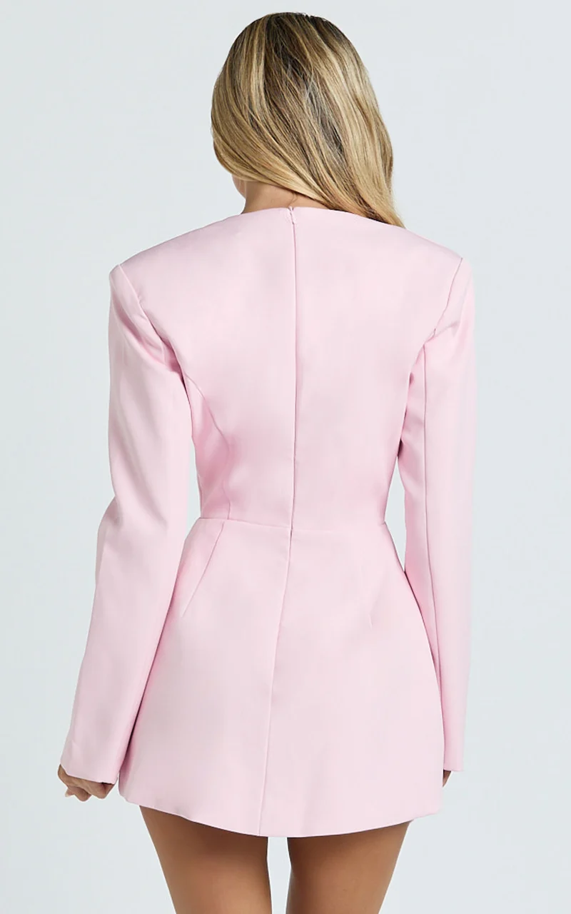 Ninette Mini Dress - V Neck Tulip Hem Blazer Dress in Pink
