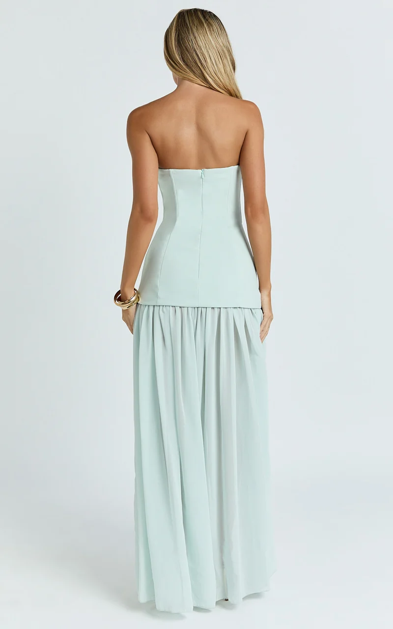 Jocelyn Maxi Dress - Strapless Ruched Fit And Flare Dress in Mint