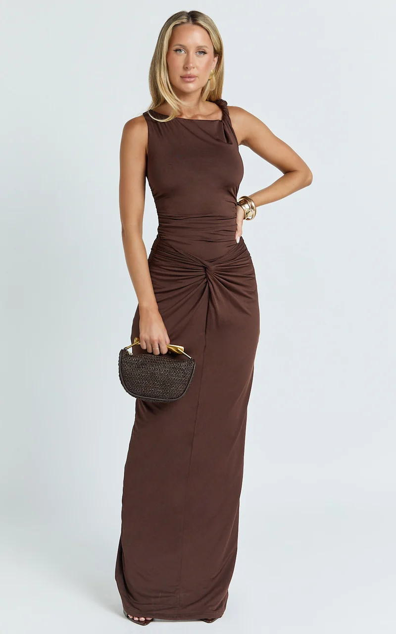 Ginny Maxi Dress - Jersey Ruched V Waist Dress in Chocolate