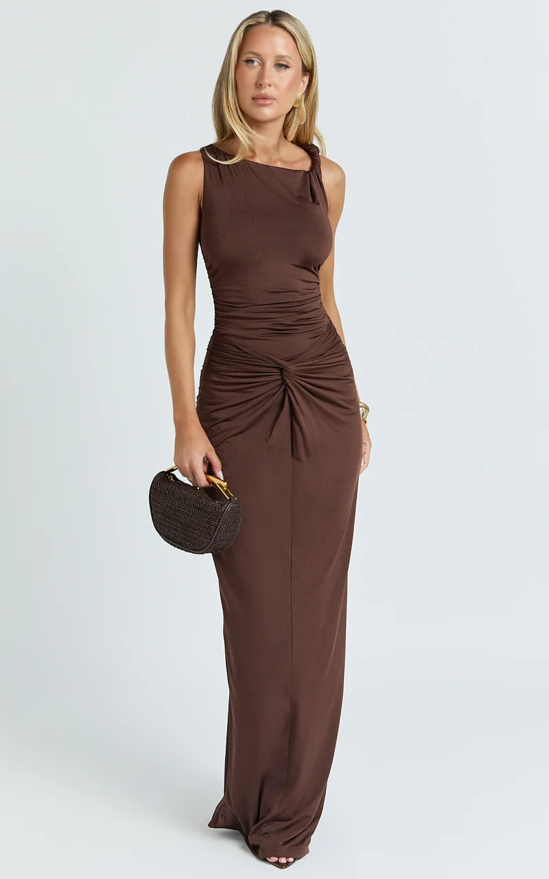 Ginny Maxi Dress - Jersey Ruched V Waist Dress in Chocolate