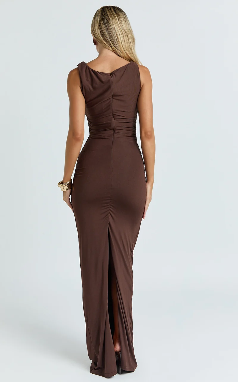 Ginny Maxi Dress - Jersey Ruched V Waist Dress in Chocolate