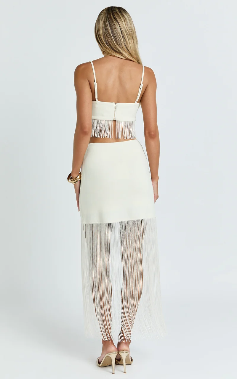 Evie Two Piece Top and Skirt Set - Fringed Micro Top And Tiered Fringed Mini Skirt in Ivory