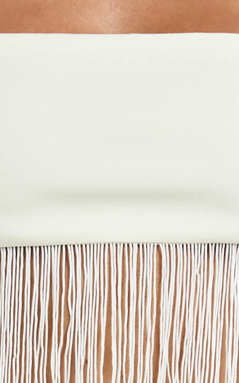 Evie Two Piece Top and Skirt Set - Fringed Micro Top And Tiered Fringed Mini Skirt in Ivory