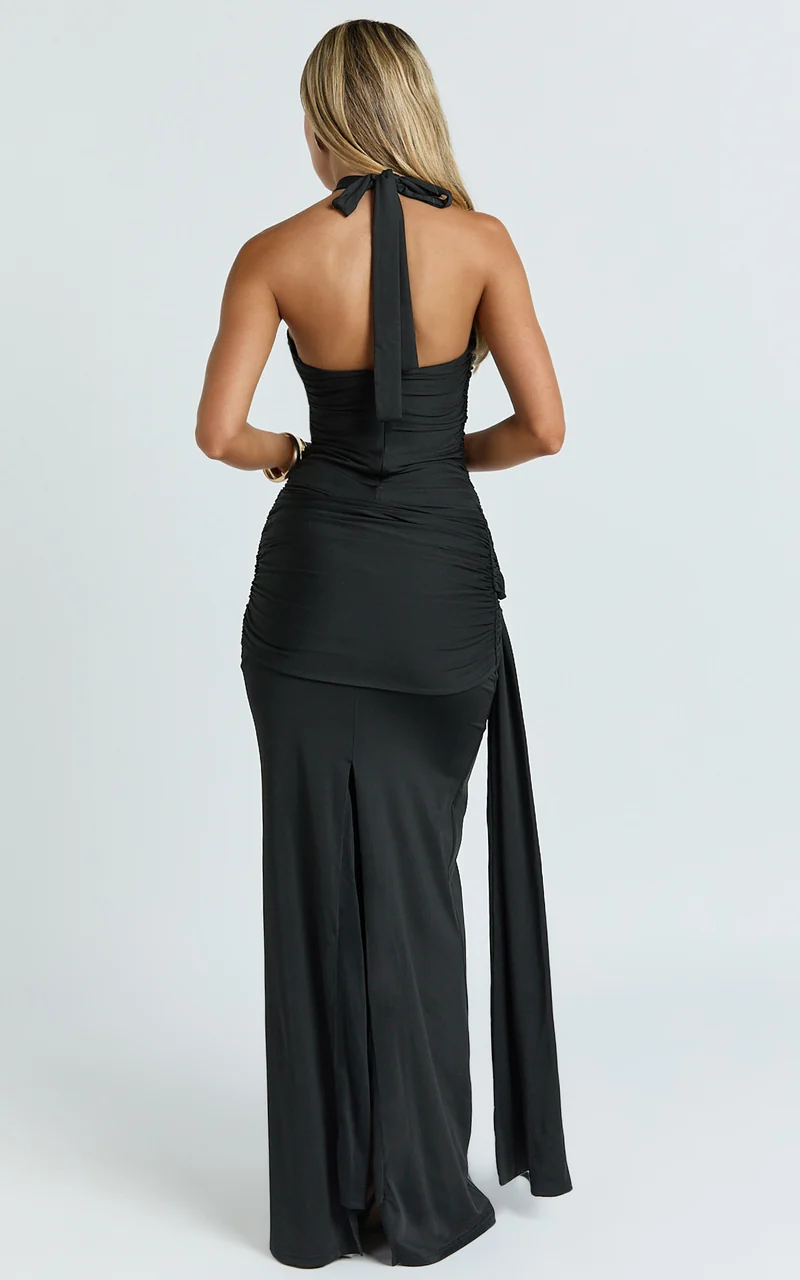 Ginny Maxi Dress - Asymmetric Neck Waist Tie Dress in Black