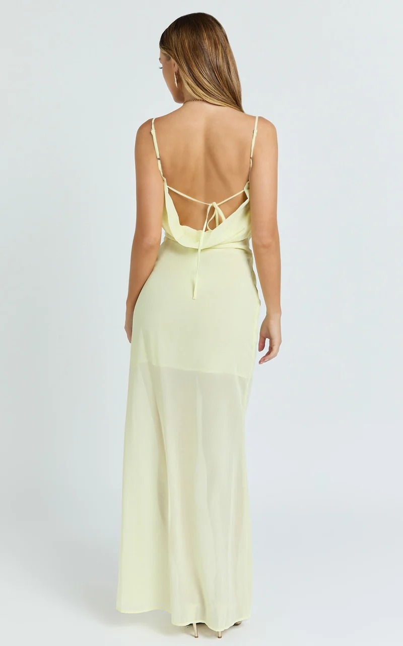 Hillary Maxi Dress - Draped V Neck Low Back Dress in Lemon