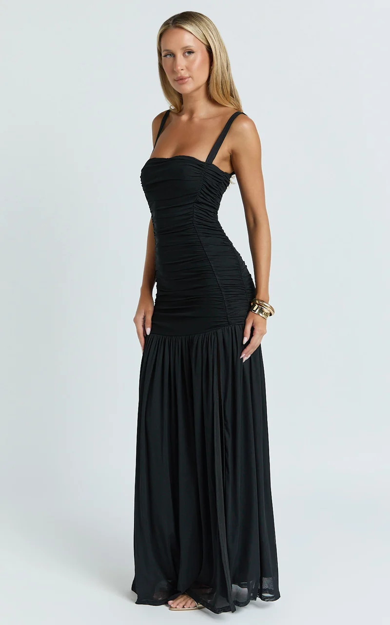 Cardi Maxi Dress - Ruched Mesh High Leg Split Dress in Black