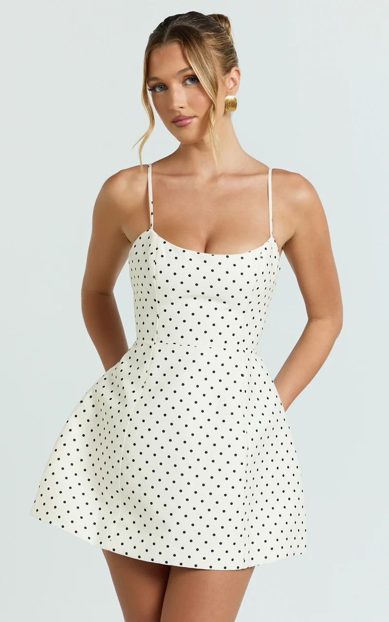 Carolina Mini Dress - Scoop Neck Panel Bodice Dress in White Polka Dot
