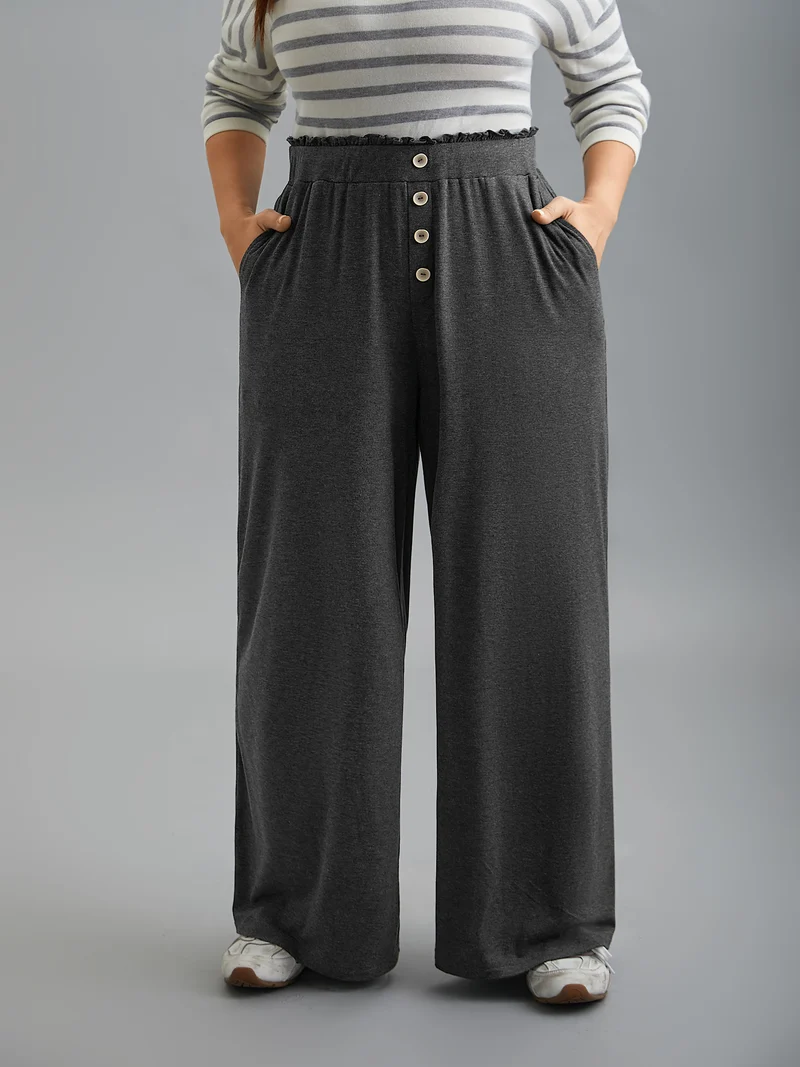 Button-Front Ruffled Waist Stretchy Pants