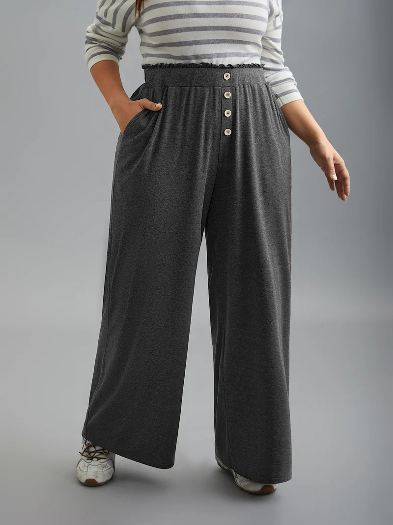 Button-Front Ruffled Waist Stretchy Pants