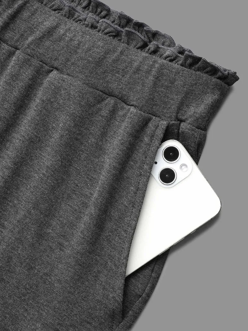 Button-Front Ruffled Waist Stretchy Pants