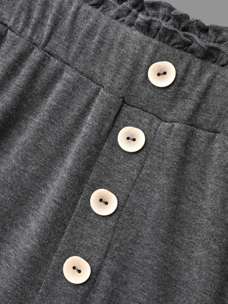 Button-Front Ruffled Waist Stretchy Pants