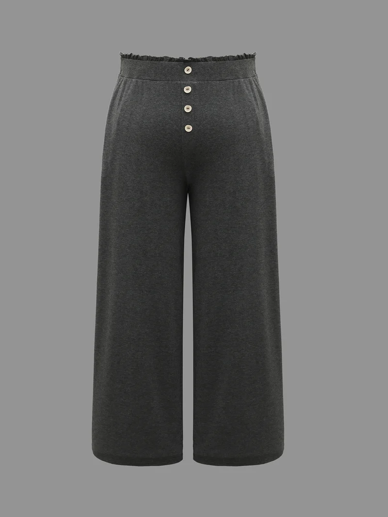 Button-Front Ruffled Waist Stretchy Pants