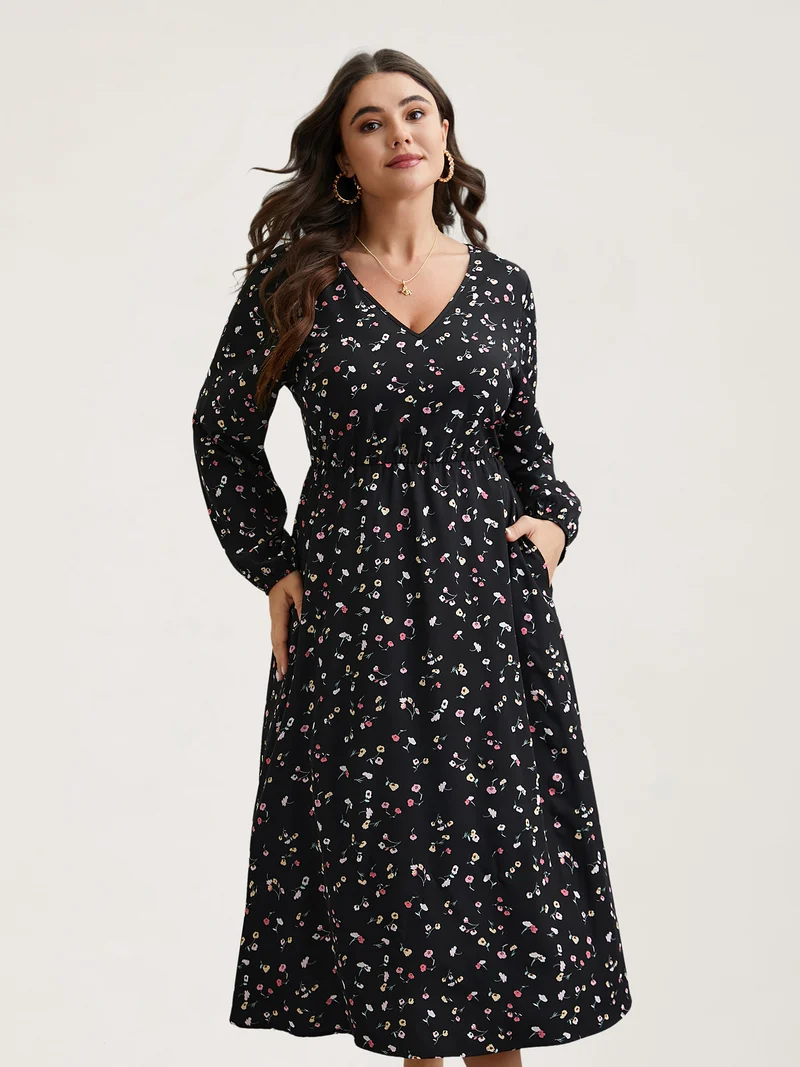 Floral Print V-Neck Waist-Defined Midi Dress
