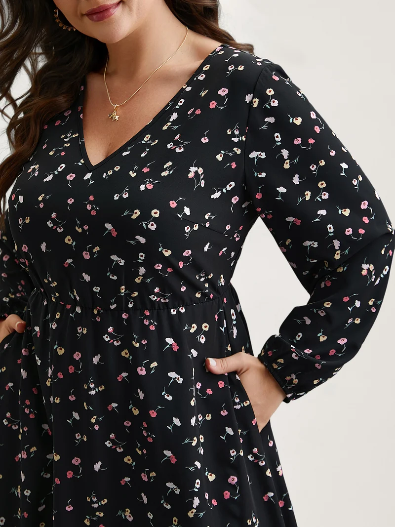 Floral Print V-Neck Waist-Defined Midi Dress