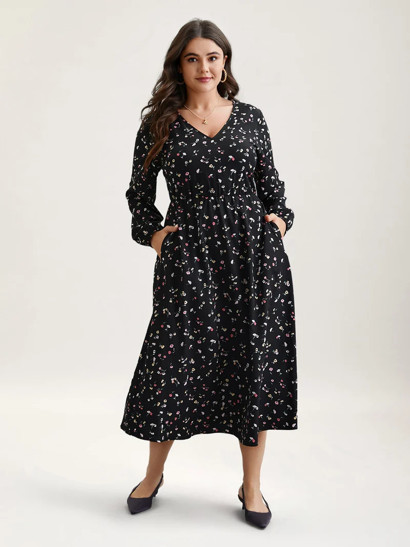 Floral Print V-Neck Waist-Defined Midi Dress