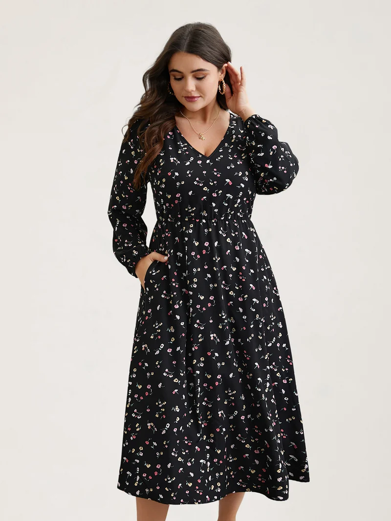 Floral Print V-Neck Waist-Defined Midi Dress