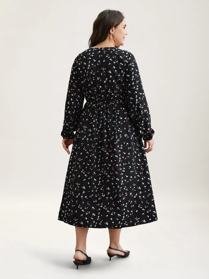 Floral Print V-Neck Waist-Defined Midi Dress