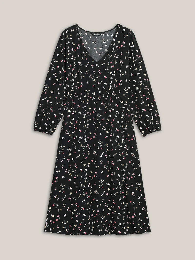 Floral Print V-Neck Waist-Defined Midi Dress