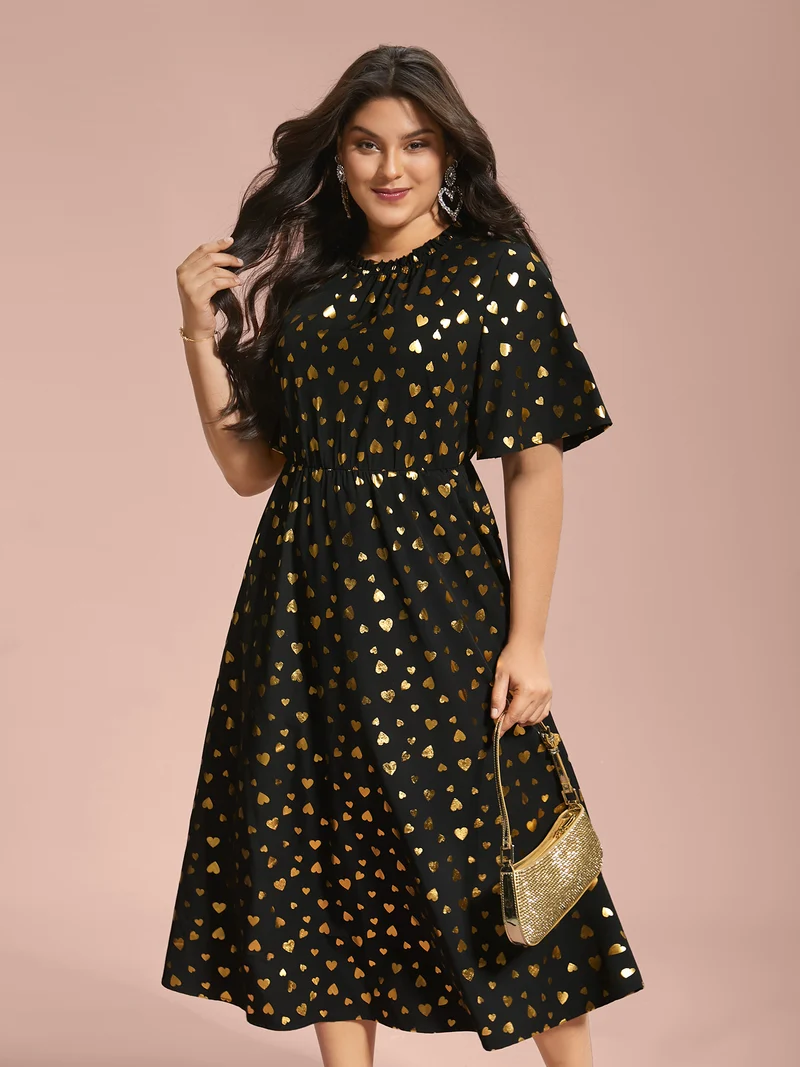 Glitter Heart Print Stretchy Waist Dress