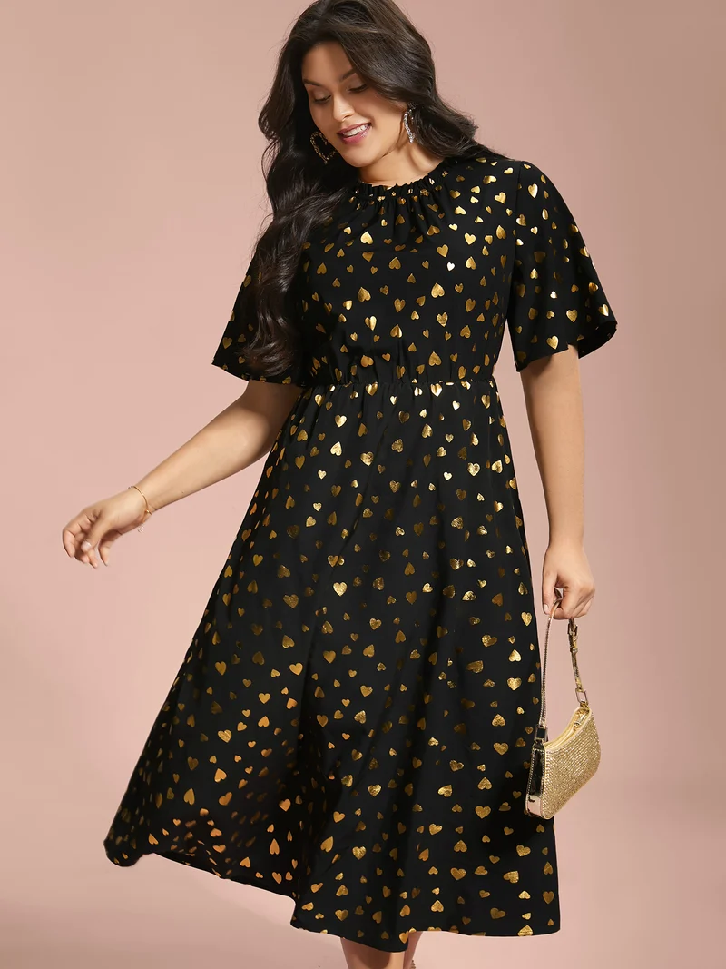 Glitter Heart Print Stretchy Waist Dress